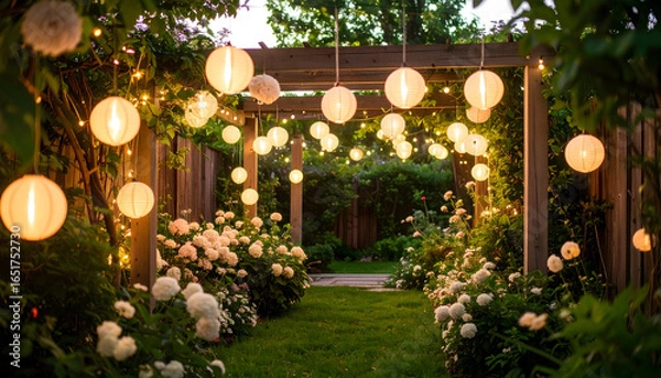 Fototapeta Garden Pathway Illuminated By Glowing Lanterns And Fairy Lights Surrounded By Lush Green Foliage And White Rose Bushes