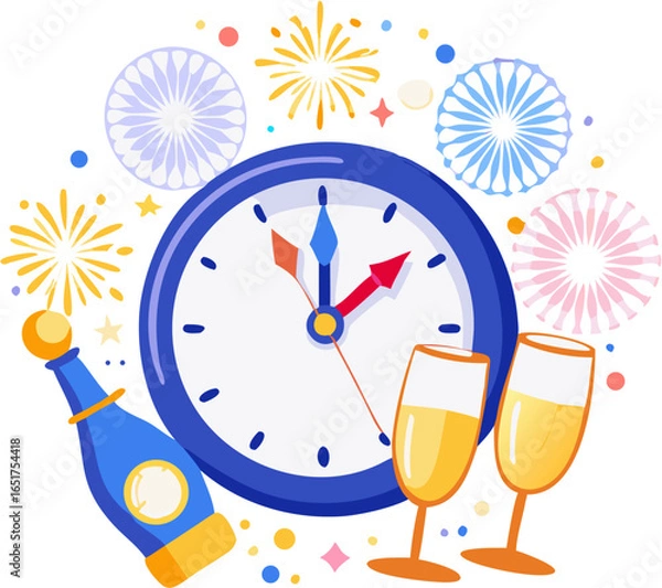 Fototapeta New Year 2026 countdown clock vector with midnight fireworks, champagne, glowing lights and festive celebration