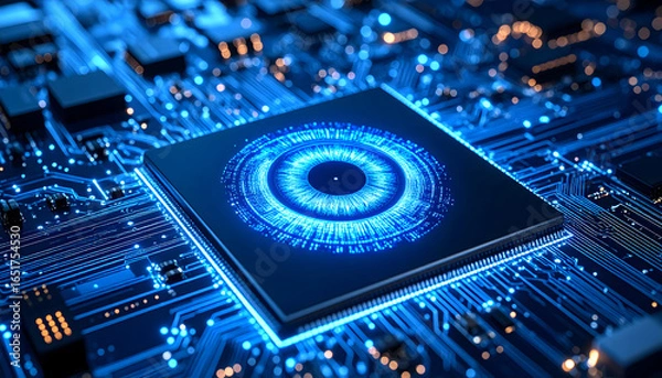 Fototapeta Close Up Shot Of A Blue Glowing Electronic Circuit Board And Microchip Featuring Futuristic Technology