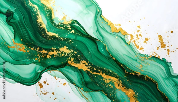 Fototapeta Emerald Green Fluid Abstract Art With Golden Glitter Against A White Background