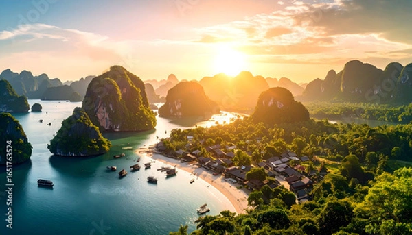 Fototapeta Aerial View of Tropical Islands and Azure Water Under a Golden Sunset Sky