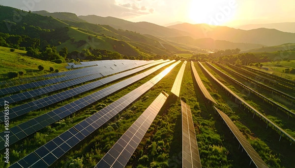 Fototapeta Aerial View Of Solar Panels On A Green Hillside With Mountain Background And Golden Sunset Lighting