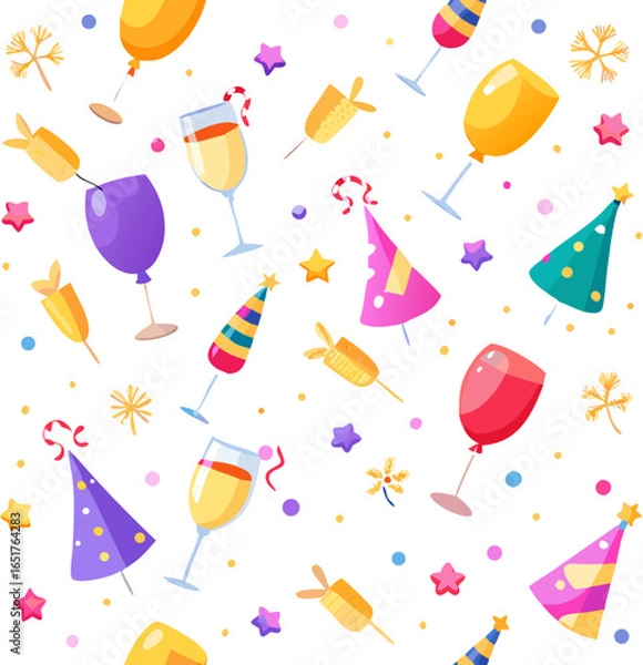 Obraz Seamless New Year 2026 pattern with champagne glasses, balloons, stars, streamers, confetti and festive symbols