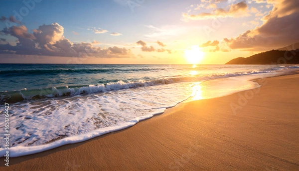 Fototapeta Golden Hour Beach Scene with Gentle Waves and Sparkling Sunlight on Wet Sand