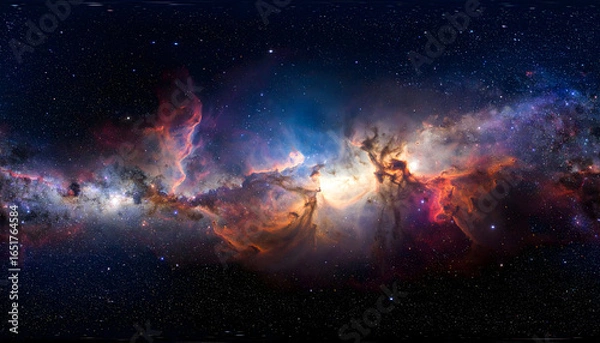 Fototapeta Panoramic View Of The Milky Way Galaxy Displaying Nebulae Star Clusters And Cosmic Dust Against A Dark Night Sky