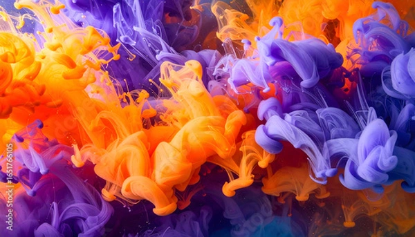 Fototapeta Vibrant Abstract Composition Featuring Orange and Purple Ink Blending in a Dynamic Swirling Cloud like Formation