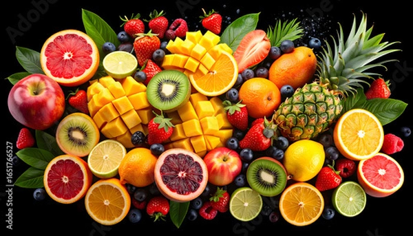 Fototapeta Assortment Of Fresh Colorful Fruits Including Mango Pineapple Oranges Berries Apples And Kiwi Against Black Background