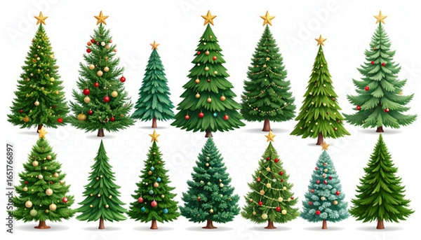 Fototapeta Collection Of Decorated Christmas Trees On White Background With Golden Star Topper And Colorful Ornaments