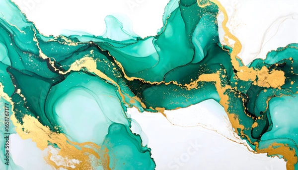 Fototapeta Abstract Fluid Art with Emerald Green and Gold Splashes on White Background