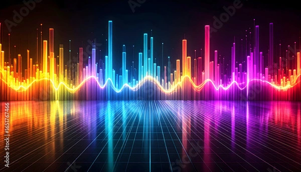 Fototapeta Vibrant Neon Spectrum Wave Displaying Audio Visualization Against Dark Backdrop with Reflective Surface