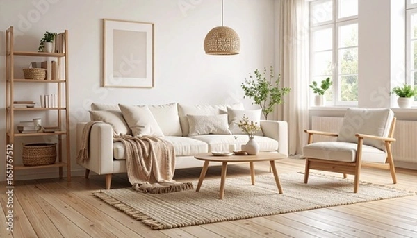 Fototapeta Scandinavian style living room, white walls, wooden floor, soft neutral furniture, cozy blanket on sofa, warm interior design, natural lighting