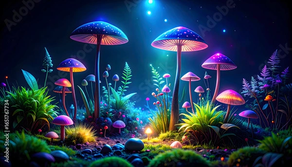 Fototapeta Pixelated Mushrooms Illuminated By Glowing Light in a Dark Forest