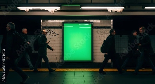Fototapeta Urban commuters walking past a blank green screen billboard for advertising mockup in a moody subway station