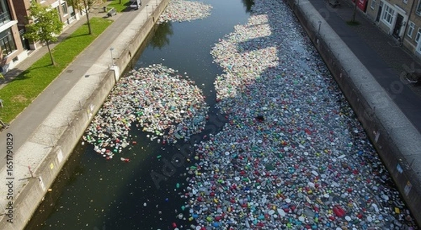 Obraz Urban Canal Choked by Plastic Waste: A Visual Tragedy