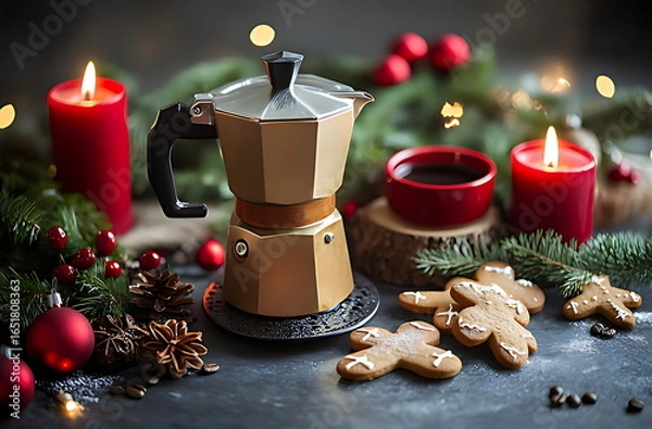 Fototapeta Moka Pot, Lit Red Candles, Gingerbread Cookies, and Christmas Decorations on Rustic Table
