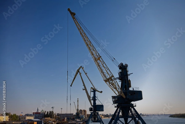 Fototapeta Industrial crane towering over docks in vibrant blue sky setting. A towering gantry crane commands the foreground of this bustling waterfront, extending over calm waters. Behind it, shipping container