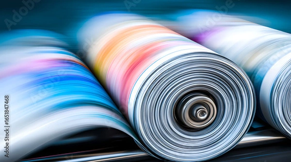 Fototapeta A dynamic scene of colorful, printed paper exiting the high-speed rollers of a printing press.
