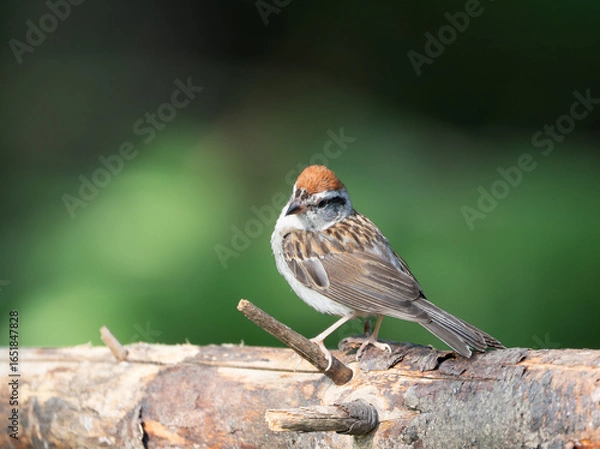 Fototapeta Perched Breeding Adult Chipping Sparrow with Its Head Tilted Perched on a Log