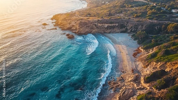 Obraz A picturesque coastal scene with a rocky shoreline and turquoise waters at sunset.