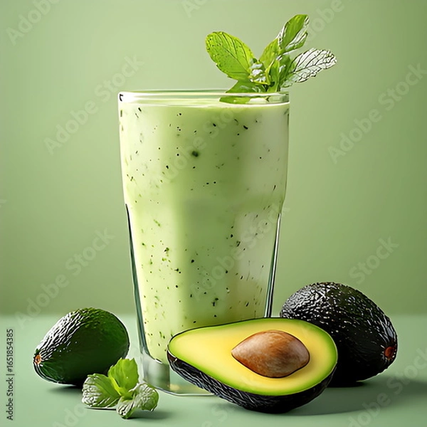 Fototapeta Delicious green avocado smoothie in a glass with mint, fresh whole and halved avocados, presented on a light green studio background.