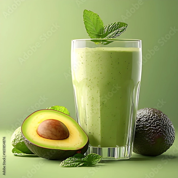 Fototapeta Vibrant green avocado smoothie in a glass, with mint garnish, next to ripe whole and sliced avocados on a light green background.