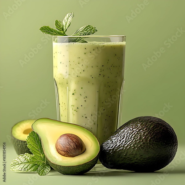 Fototapeta Refreshing green avocado smoothie in a tall glass, topped with mint, accompanied by fresh avocados on a smooth green surface.