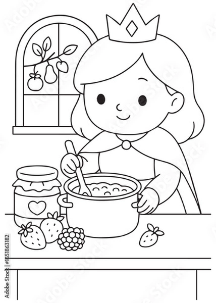 Fototapeta coloring book queen mixing fruit jam in a pot