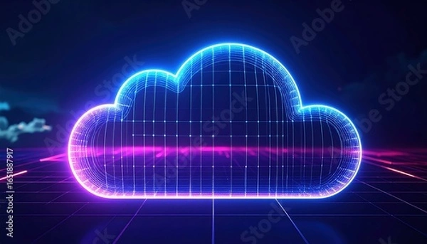 Fototapeta High-tech holographic cloud symbol hovers above, wrapped in a transparent neo-glowing form, illuminated by digital light on a grid, a futuristic data concept.