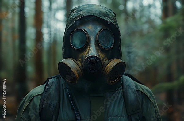 Fototapeta Mysterious Person in Gas Mask and Hooded Jacket Standing in a Dark, Eerie Forest