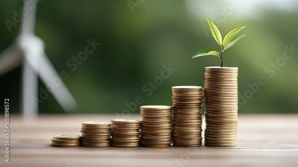 Obraz Conceptual representation of economic growth and sustainable investment with a green plant shoot growing from a pile of stacked currency symbolizing prosperity and a green economy.