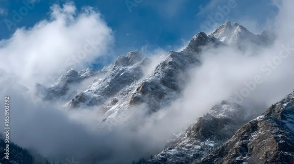 Fototapeta The mountain range is covered in clouds, creating a moody and serene atmosphere. The misty mountains are a beautiful sight, and the clouds add a sense of mystery and depth to the landscape