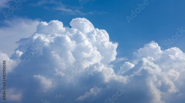 Fototapeta Towering white cumulus clouds rising against a vibrant blue sky, creating a powerful and dramatic natural scene ideal for weather, environment, and inspirational backgrounds.