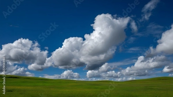 Fototapeta Beautiful green meadow with fluffy white clouds drifting across a deep blue sky, creating a peaceful natural landscape perfect for backgrounds, relaxation, and environmental concepts.