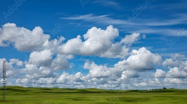 Fototapeta Beautiful green meadow with fluffy white clouds drifting across a deep blue sky, creating a peaceful natural landscape perfect for backgrounds, relaxation, and environmental concepts.