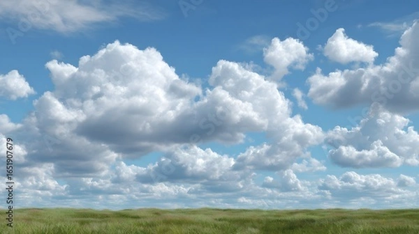 Fototapeta A field of grass with a blue sky and clouds. The sky is mostly clear, but there are a few clouds scattered throughout. Scene is peaceful and serene, with the vast open field