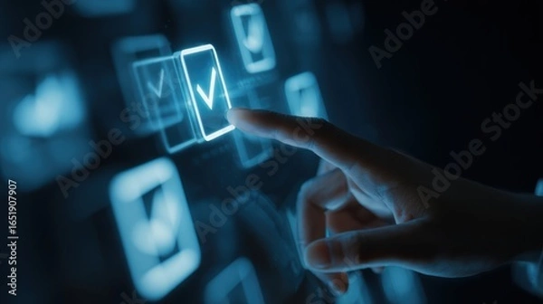 Obraz A hand interacts with a digital interface, selecting a checkbox, symbolizing task completion or approval in a modern, technological environment.