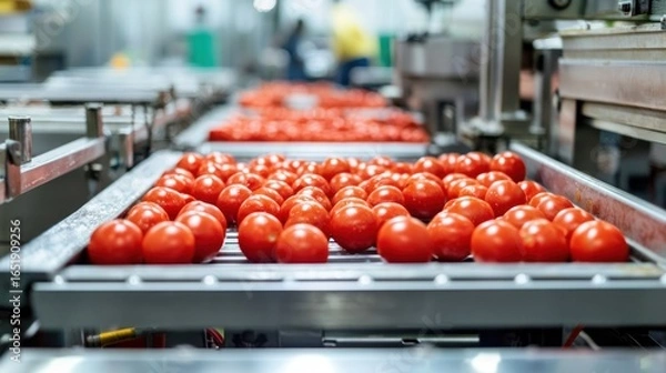 Obraz Tomatoes on a conveyor belt in a factory setting.