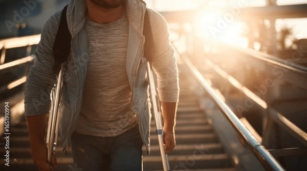 Fototapeta Man with Crutches Walking Up Stairs at Sunset in Urban Setting