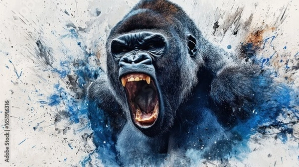 Obraz A fierce, angry gorilla with a blue and black paint splatter background.