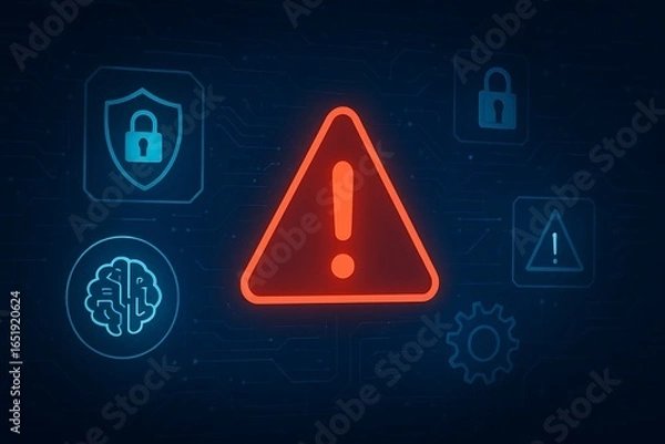 Fototapeta Cybersecurity threat alert with digital warning icons and AI symbols on a futuristic tech background concept for data protection and risk management. 