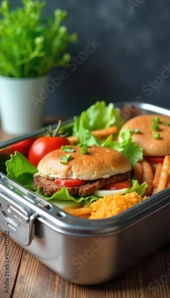 Fototapeta Sleek Stainless Steel Lunchbox Secure Latch, Perfect for Work, School, or Outdoors. Durable, Reusable, Eco-Friendly Food Storage Container for Sandwiches, Salads, and Snacks.