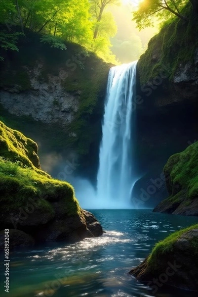 Fototapeta Serene waterfall cascading down mossy rocks, creating a natural, flowing curtain of water Sunlight filters through the lush green foliage surrounding the tranquil scene , environment, lush, creek