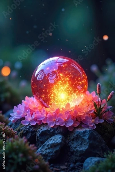 Fototapeta A mystical, glowing orb rests on a bed of shimmering, iridescent crystals, surrounded by enchanted flora Perfect for fantasy gift, magical item, mystical object, enchanted forest themes , gem, flower