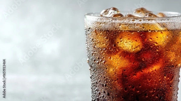 Fototapeta Close-up of a glass filled with ice cubes and cold fizzy soda drink with condensation droplets