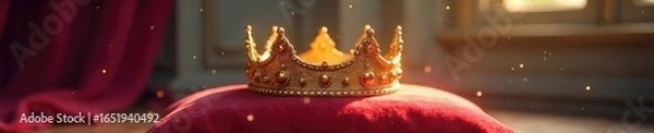 Fototapeta A majestic golden crown rests on a plush velvet cushion, radiating ethereal light Perfect for fantasy, royalty, mythology, and divine concepts , queen, splendor, royal crown