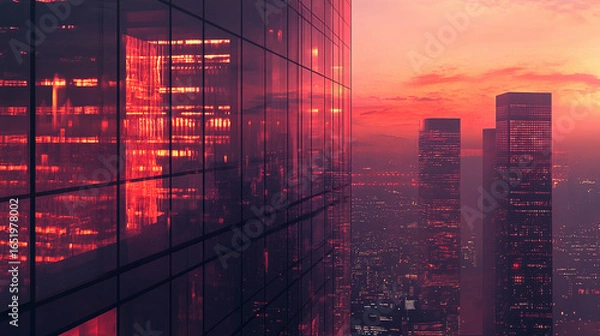 Obraz Corporate skyscraper at dusk with glowing windows reflecting city lights symbolizing business pulse in urban setting and vibrant skyline