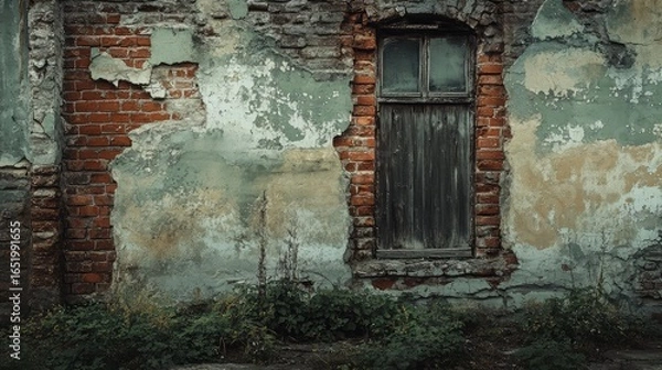 Fototapeta A weathered brick wall with a boarded up window and overgrown plants at the base of the wall outside