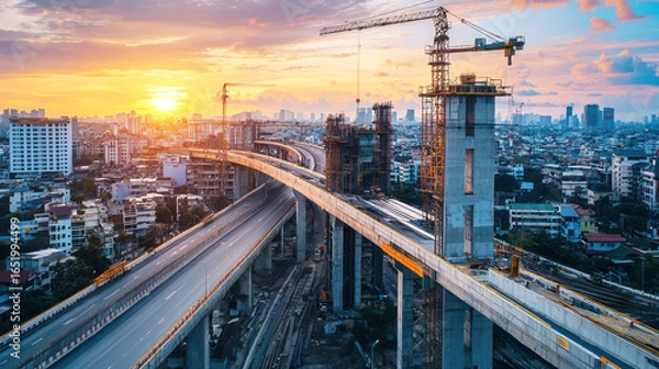Fototapeta A bustling cityscape at sunset with a high-rise building under construction, featuring a bridge with cranes and a vibrant skyline.