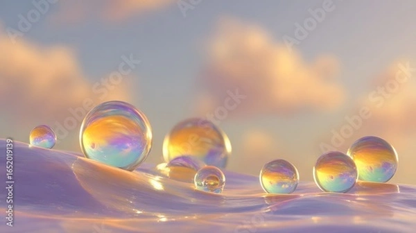 Fototapeta Irridescent spheres resting on a smooth surface, against a soft, pastel sky.