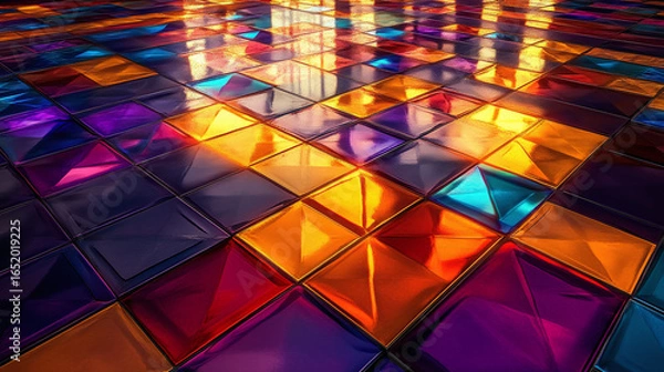 Fototapeta Abstract glowing geometric floor with vibrant futuristic pattern stretching into the distance